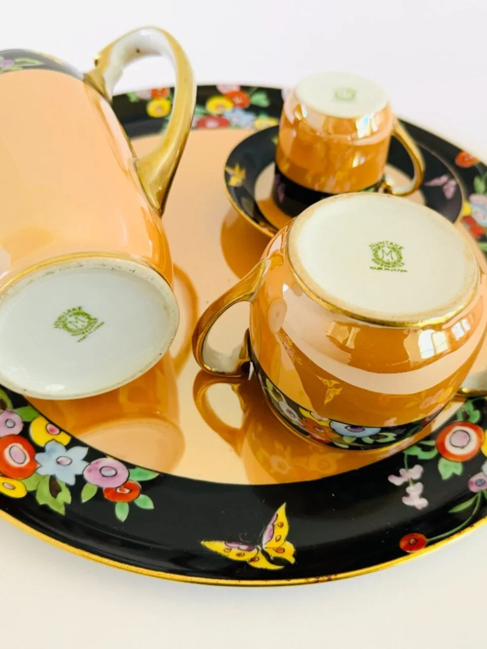 Noritake M Vintage Japan Lusterware  Floral Butterfly 7 Pieces Coffee Set